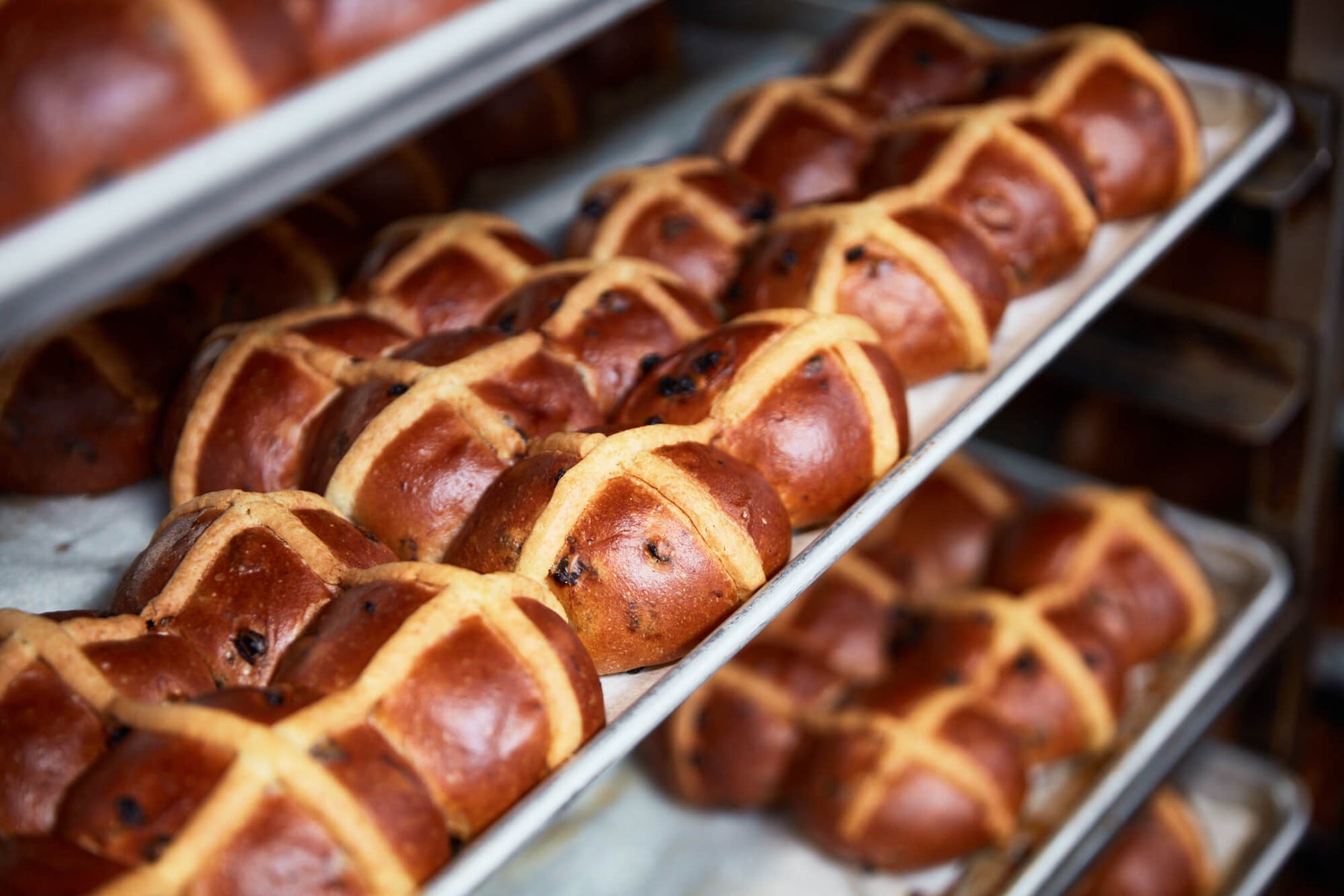 A view of fresh baked hot cross buns; golden brown and straight out of the over. Baked by Starter Bakery